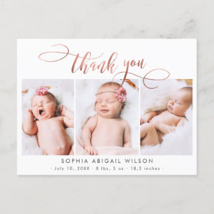 Carte Postale Rose Gold Script Baby Girl Photo Collage Merci