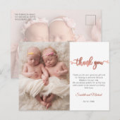 Carte Postale Rose Gold Script Girl Twins Baby Photo Merci (Devant / Derrière)