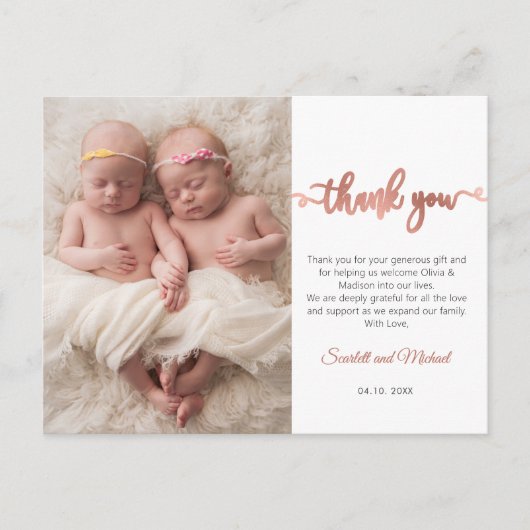 Carte Postale Rose Gold Script Girl Twins Baby Photo Merci (Devant)