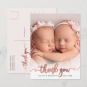 Carte Postale Rose Gold Script Girl Twins Baby Photo Thank You (Devant / Derrière)