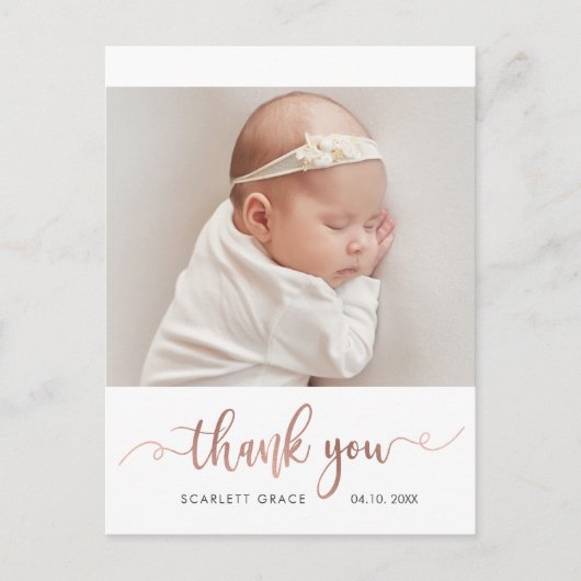 Carte Postale Rose Gold Script Simple Baby Photo Merci (Devant)