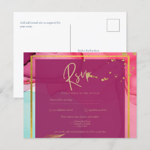 Carte Postale ROSE intense Turquoise OR OR MARIAGE Encre d'alcoo