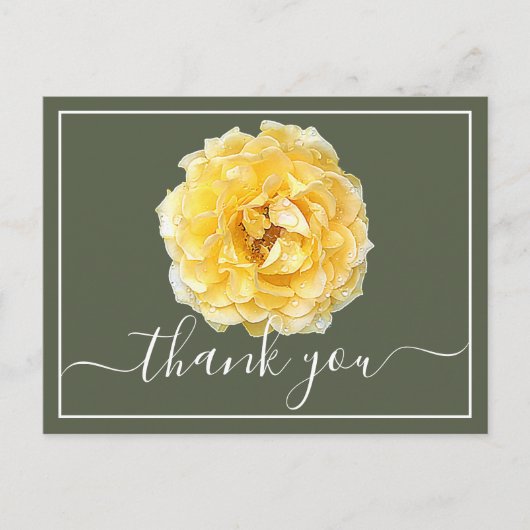 Carte Postale Rose jaune et gouttes de rosée sur fond vert Merci (Devant)