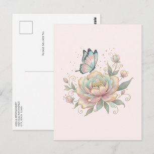 Carte Postale Rose Magique et Papillon Couleurs Pastel
