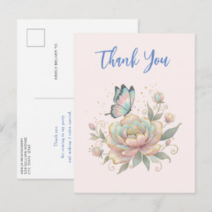 Carte Postale Rose Magique et Papillon Couleurs Pastel Merci