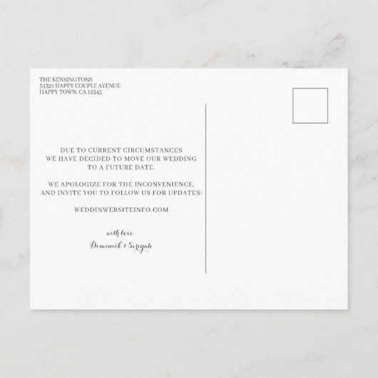 Carte Postale Rose manuscrit moderne Gold Mariage Postponction (Dos)