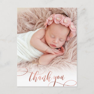 Carte Postale Rose moderne Gold Script Baby Girl Photo Merci