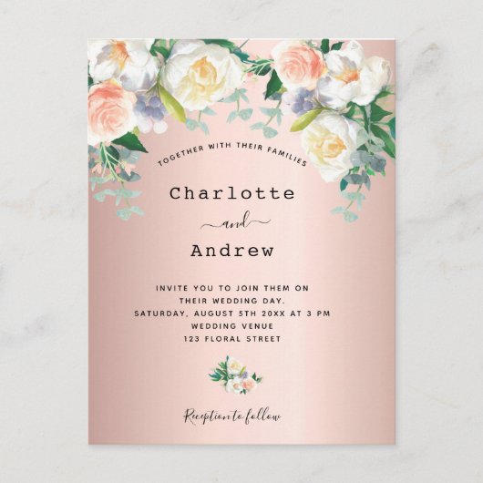 Carte Postale Rose or bleu rose floral blanc mariage (Devant)
