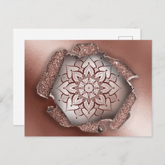 CARTE POSTALE ROSE OR MANDALA PARTIES SCINTILLANT TORN PAPIER (Devant / Derrière)