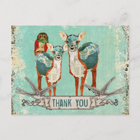 Carte postale rose Owl & Azure Deer Merci (Devant)