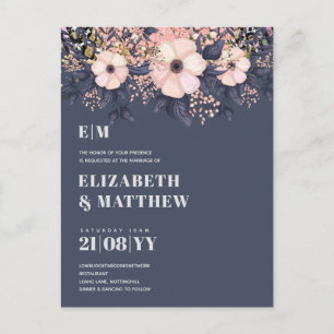 Carte Postale Rose pâle bleu Rosegold Floral Mariage Chic