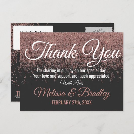 Carte Postale Rose Parties scintillant or éclabousser Merci noir (Devant / Derrière)