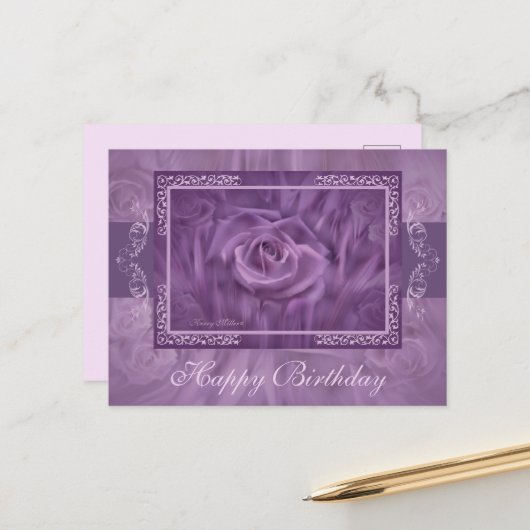 Carte postale Rose pourpre et dentelle (Devant/Arrière en situation)