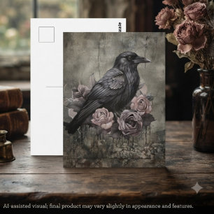 Carte Postale Rose Poussiéreuse et Sombre Gothique Corbeau Humeu