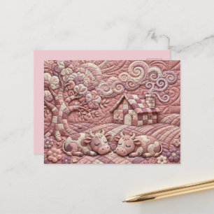 Carte Postale Rose Poussiéreux Charme Patchwork Pastoral Vache