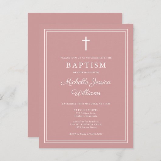 Carte Postale Rose poussiéreux rose Élégant frontière Baptême In (Devant / Derrière)