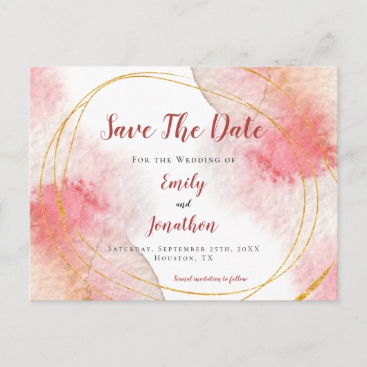 Carte Postale Rose Rose Aquarelle Or Lignes Enregistrer La Date (Devant)