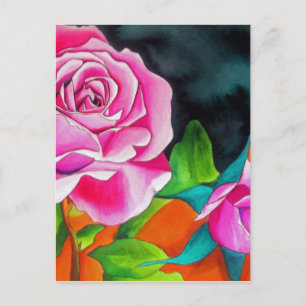 Carte Postale Rose rose avec aquarelle orange