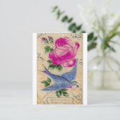 Carte Postale Rose rose d'oiseau bleu (Debout devant)
