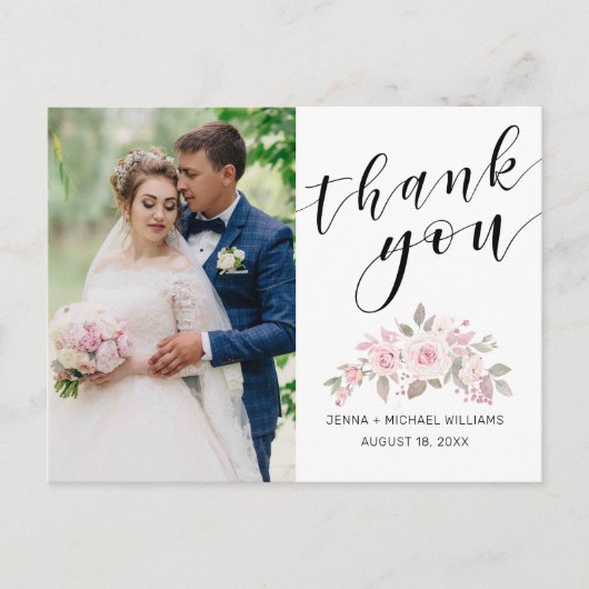 Carte Postale Rose Rose Floral Script Mariage Photo Merci (Devant)