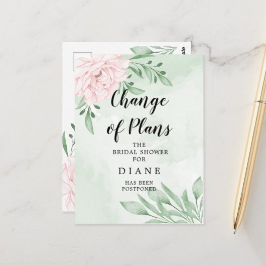 Carte Postale Rose Rose Foliage Change La Date Bridal Shower (Devant/Arrière en situation)