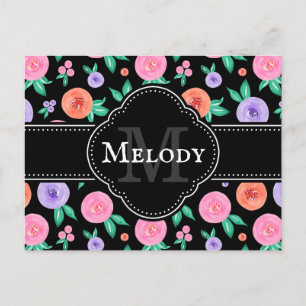 Carte Postale Rose rose / violet couleur Motif sur noir