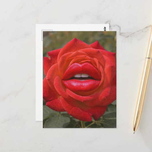 Carte Postale Rose rouge avec collage de lèvres (Devant/Arrière en situation)