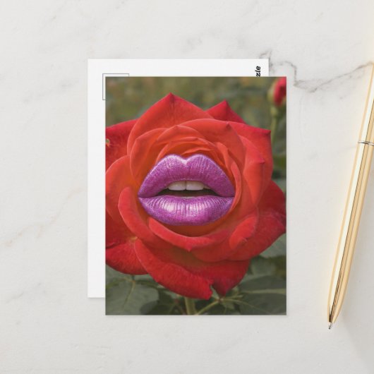 Carte Postale Rose rouge avec collage de lèvres roses (Devant/Arrière en situation)