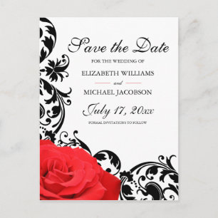 Carte Postale Rose rouge Noir Plein Mariage Enregistrer la date