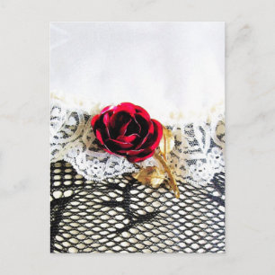 Carte Postale Rose rouge romantique et dentelle blanche