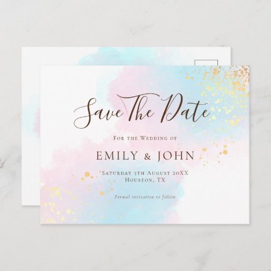 Carte Postale Rose Turquoise Aquarelles Or Mariage Enregistrer L (Devant / Derrière)