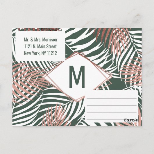 Carte Postale Rose vert Gold Tropical Palm Tree Leaf Date de sau (Dos)
