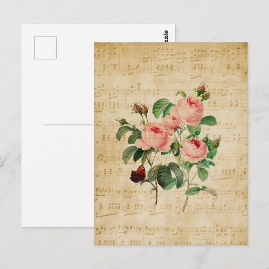 Carte Postale Rose vintage et feuille de musique (Devant / Derrière)