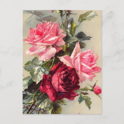 Carte postale rose vintage et roses rouges (Devant)