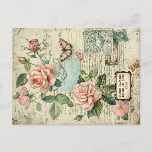 Carte Postale Roses Anciennes et Papillons Éphémère Botanique (Devant)