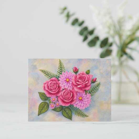 Carte Postale Roses avec Dahlias (Debout devant)