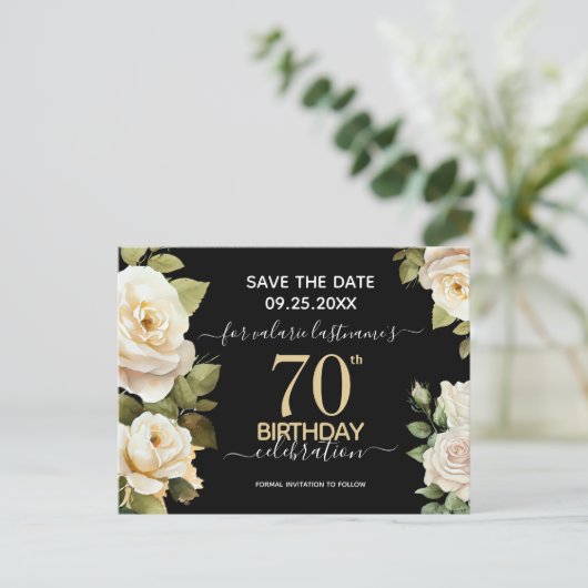Carte Postale Roses blanches 70e anniversaire Enregistrer la dat (Debout devant)