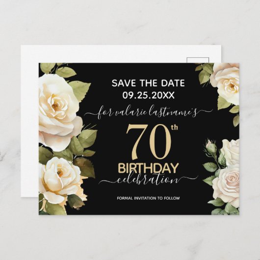 Carte Postale Roses blanches 70e anniversaire Enregistrer la dat (Devant / Derrière)