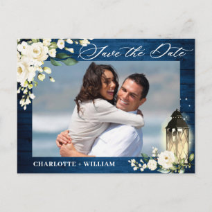 Carte Postale Roses blanches Bleu Bois PHOTO Mariage Enregistrer