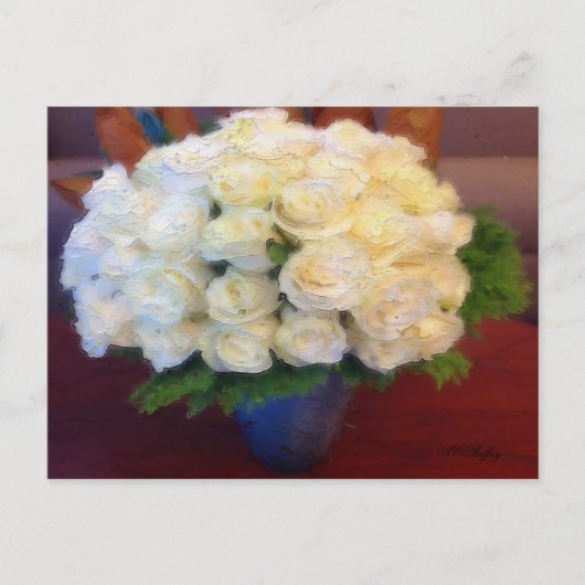 Carte Postale Roses blanches dans un vase bleu (Devant)