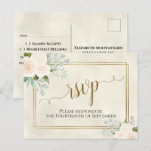 Carte Postale Roses blanches et Eucalyptus Gold Wedding RSVP (Devant / Derrière)