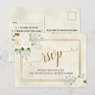 Carte Postale Roses blanches et Eucalyptus Gold Wedding RSVP