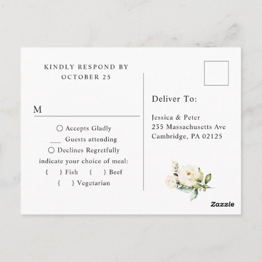 Carte Postale Roses blanches mariage RSVP avec choix de repas (Dos)