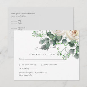 Carte Postale Roses blanches Sage Eucalyptus Feuilles mariage RS