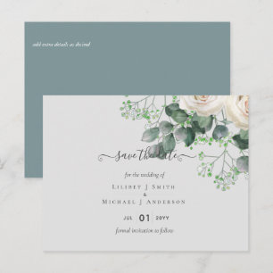 Carte Postale Roses blanches Sage Eucalyptus Mariage Dates de sa