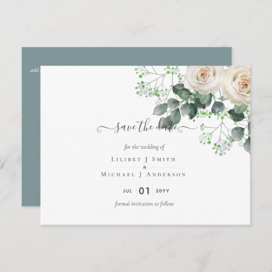 Carte Postale Roses blanches Sauge Eucalyptus Dates de mariage à (Devant / Derrière)