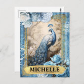 Carte Postale Roses bleus romantiques et Imaginaire Peacock (Devant / Derrière)