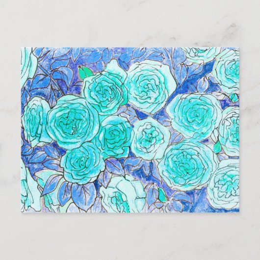 Carte Postale Roses Bleus, Vert Feuille Rose Jardin Fleur été (Devant)