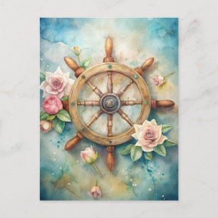 Carte Postale Roses Crème Rose Ancienne Roue de Navire Océan