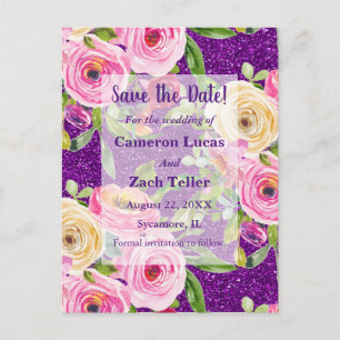 Carte Postale Roses d'aquarelle sur Parties scintillant violet E